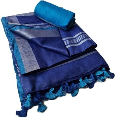 Aamir Fashion Textile Solid/Plain Bhagalpuri Handloom Cotton Linen Saree(Blue)