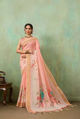 RekhaManiyar Printed Saree with Attached Blouse Cotton Blend Saree(Pink)