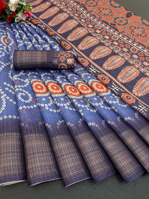 Febo Fashion Digital Print Banarasi Silk Blend Saree(Blue)