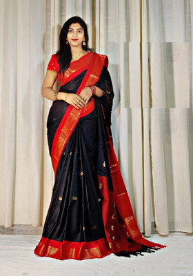 Cipto Woven Banarasi Cotton Silk Saree(Pack of 2, Black)