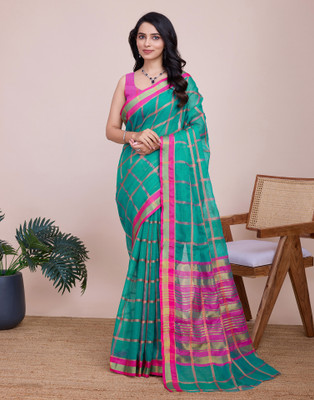 Samah Woven, Embellished, Striped Kota Doria Silk Blend Saree(Blue, Magenta, Gold)