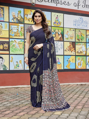 NIRMOHIFASHION Printed Bollywood Georgette Saree(Dark Blue, Cream)