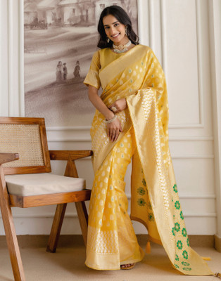 all about you Woven, Self Design Banarasi Chanderi, Cotton Blend Saree(Yellow, Mustard)