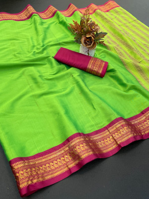 FashionZonee Embellished Banarasi Cotton Silk Saree(Light Green)