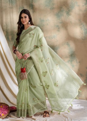 Sangria Embroidered Handloom Cotton Blend Saree(Green)