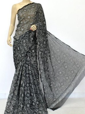 Afia Lucknowi Chikankari Embroidered Lucknow Chikankari Georgette Saree(Black)