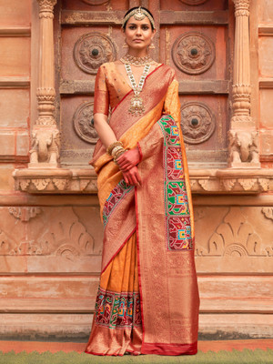 Sareemall Self Design Patola Silk Blend Saree(Orange)