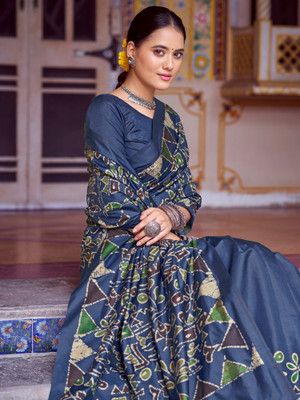 Sareemall Printed Banarasi Silk Blend Saree(Dark Blue)