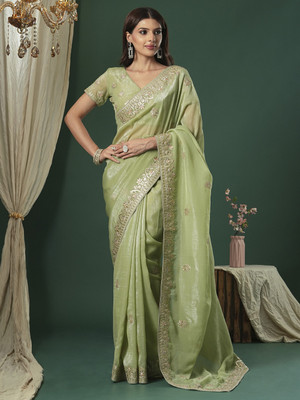 Tasrika Embroidered Bollywood Satin Saree(Light Green)