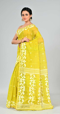 Mondal Saree Centre Printed Jamdani Cotton Silk Saree(Yellow)