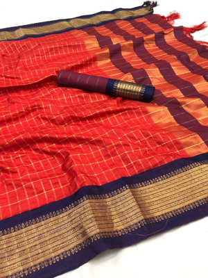 Laxmitax Self Design, Woven, Checkered, Solid/Plain Bollywood Art Silk, Cotton Silk Saree(Red, Blue)