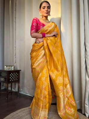 SHWENILA Embroidered Bollywood Silk Blend Saree(Yellow)