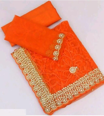 Zenomics Embroidered, Embellished Bollywood Net Saree(Orange)