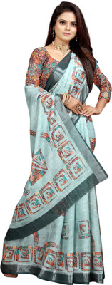 Gajal Printed Kanjivaram Pure Cotton, Cotton Linen Saree(Light Blue)