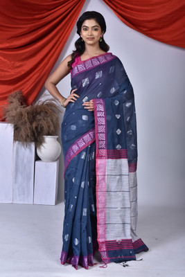 MACAOO Printed Handloom Cotton Blend Saree(Grey)