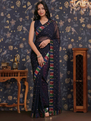 House of Pataudi Embellished Daily Wear Georgette Saree(Dark Blue)