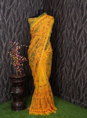 NIYANTAKSH Embroidered Bollywood Net Saree(Yellow)