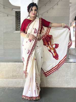 ANOUK Printed Daily Wear Cotton Blend Saree(White)