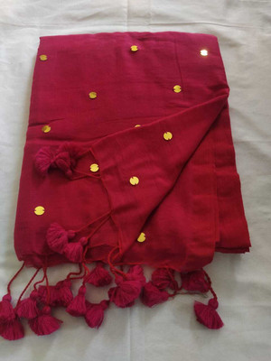 maadurga Solid/Plain Bollywood Cotton Blend Saree(Red)