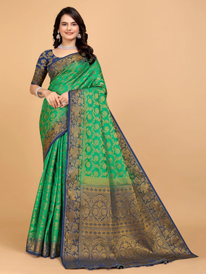 Pionex Woven Banarasi Cotton Silk Saree(Green)