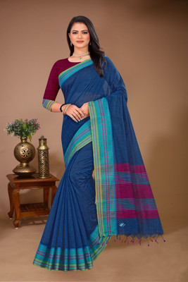 DORI DHAGA Solid/Plain Daily Wear Pure Cotton Saree(Blue)