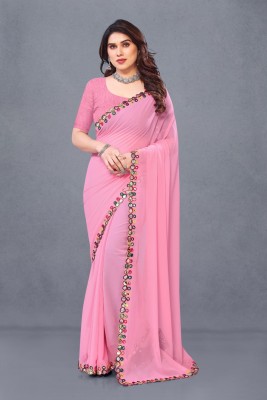 Herink Fashion Solid/Plain Bollywood Georgette Saree(Pink)