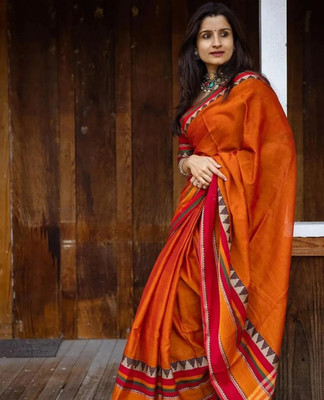 WeaveAura Printed Handloom Cotton Blend Saree(Orange)