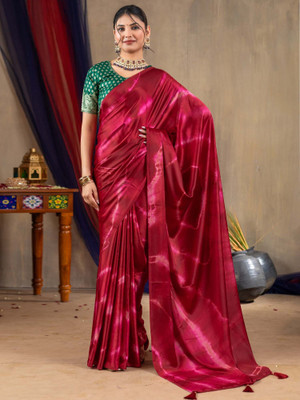 Tasrika Printed Hand Batik Satin Saree(Magenta)