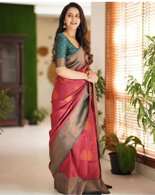 AARAANA Woven Kanjivaram Pure Silk, Cotton Silk Saree(Red)