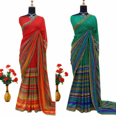 The Textile Hub Striped Bollywood Georgette Saree(Pack of 2, Multicolor)