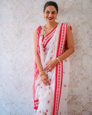 NIRLABH Striped Banarasi Pure Silk Saree(White)
