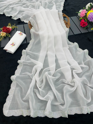 Elder Solid/Plain Bollywood Chiffon Saree(White)