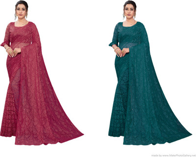 Fashion Field Self Design Bollywood Net Saree(Pack of 2, Maroon, Blue)