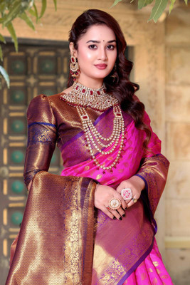jayant creation Self Design, Woven Banarasi Silk Blend, Jacquard Saree(Pink)