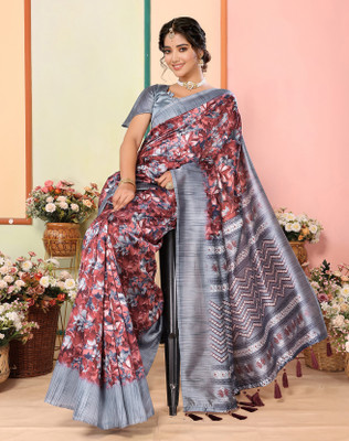 YASHIKA Printed Kalamkari Art Silk Saree(Grey)