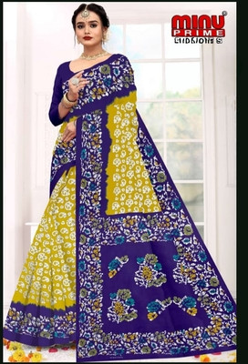 Minu Fashion Floral Print, Woven, Printed, Digital Print Bollywood Pure Cotton Saree(Blue, Yellow)