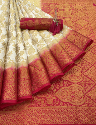 GajGajra Self Design Kasavu Silk Blend Saree(White, Pink)