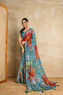 RekhaManiyar Printed Saree with Attached Blouse Georgette Saree(Green)