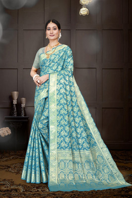 Apnisha Self Design Banarasi Silk Blend Saree(Dark Blue)