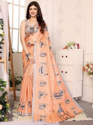 Elite Fashion Printed Daily Wear Cotton Silk Saree(Orange)