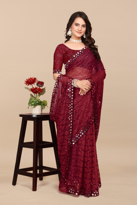 MAA CREATION Floral Print Bollywood Net Saree(Maroon)
