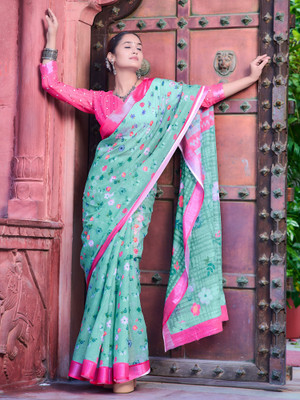 Tasrika Digital Print Bandhani Cotton Linen Saree(Light Green)