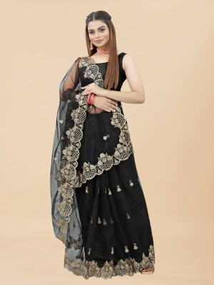 Yashakti Designer Embroidered Bollywood Net Saree(Black)