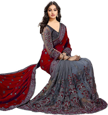 vaidehicreation Embellished Bollywood Net, Art Silk Saree(Maroon)