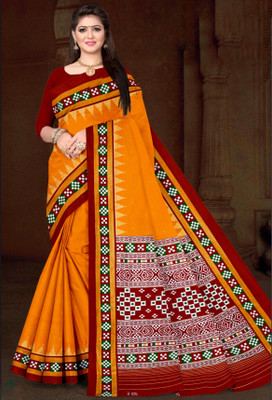 ETHNIC ODISHA HANDLOOM Printed Sambalpuri Pure Cotton Saree(Gold)