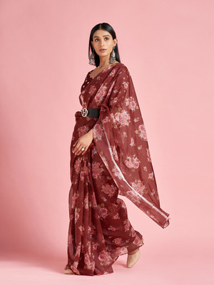 Divastri Digital Print Bollywood Organza Saree(Brown)