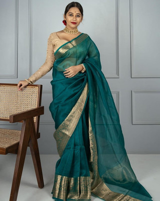 DRAVYA WOMEN Solid/Plain Banarasi Organza Saree(Green)