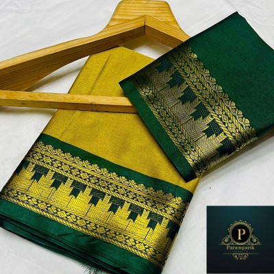 Paramparik Textile Woven Banarasi Cotton Silk Saree(Green)