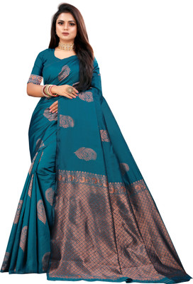 Dhruti Creation Floral Print Kanjivaram Silk Blend Saree(Green)