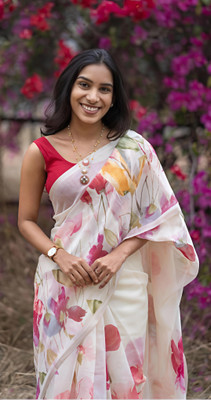 VCREATION Printed Bollywood Cotton Linen Saree(White, Red)